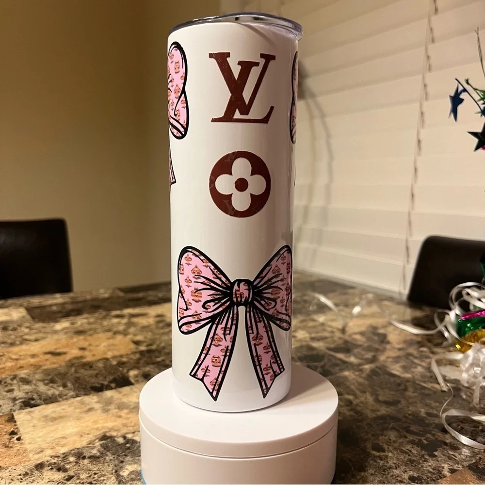Stylish White 20oz Stainless Steel Tumbler with Pink Bows